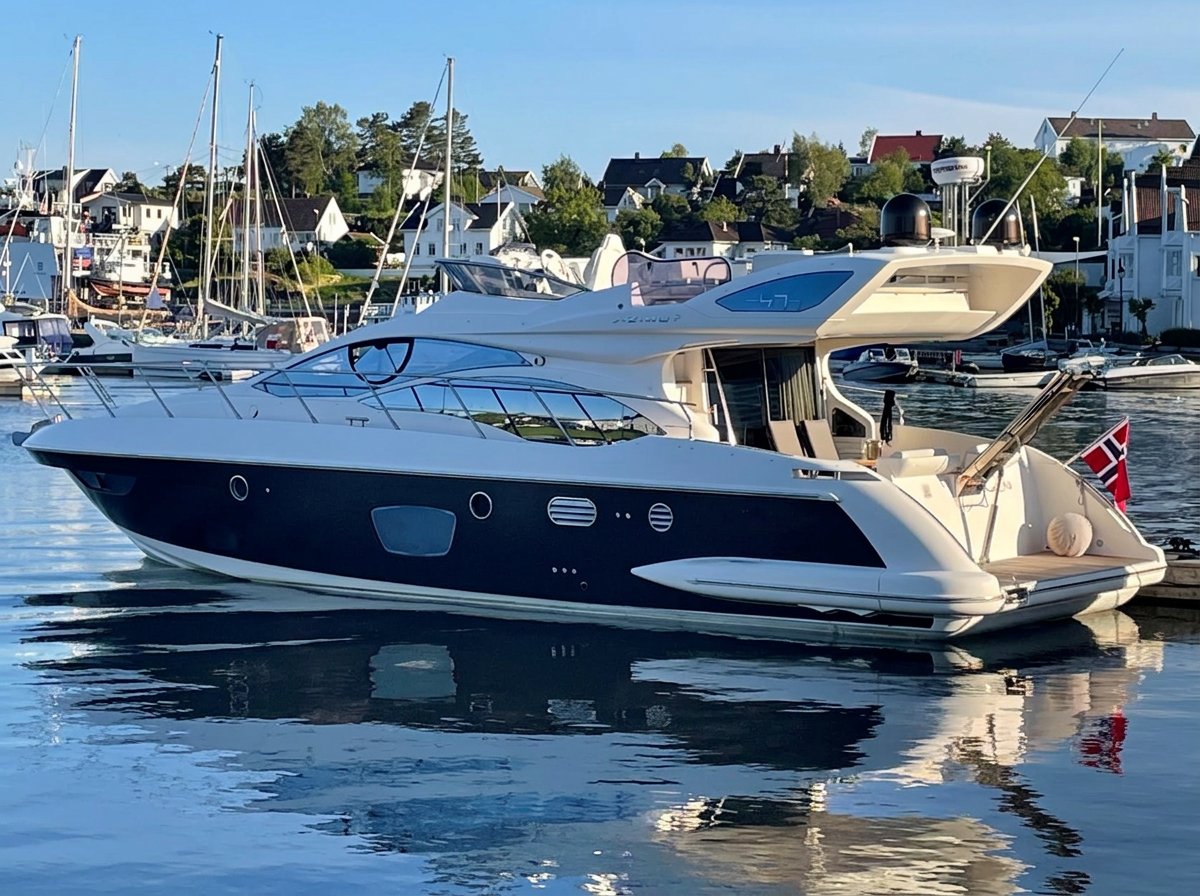 Azimut 47 Fly with dark blue hull in the harbour — enhanced original photograph