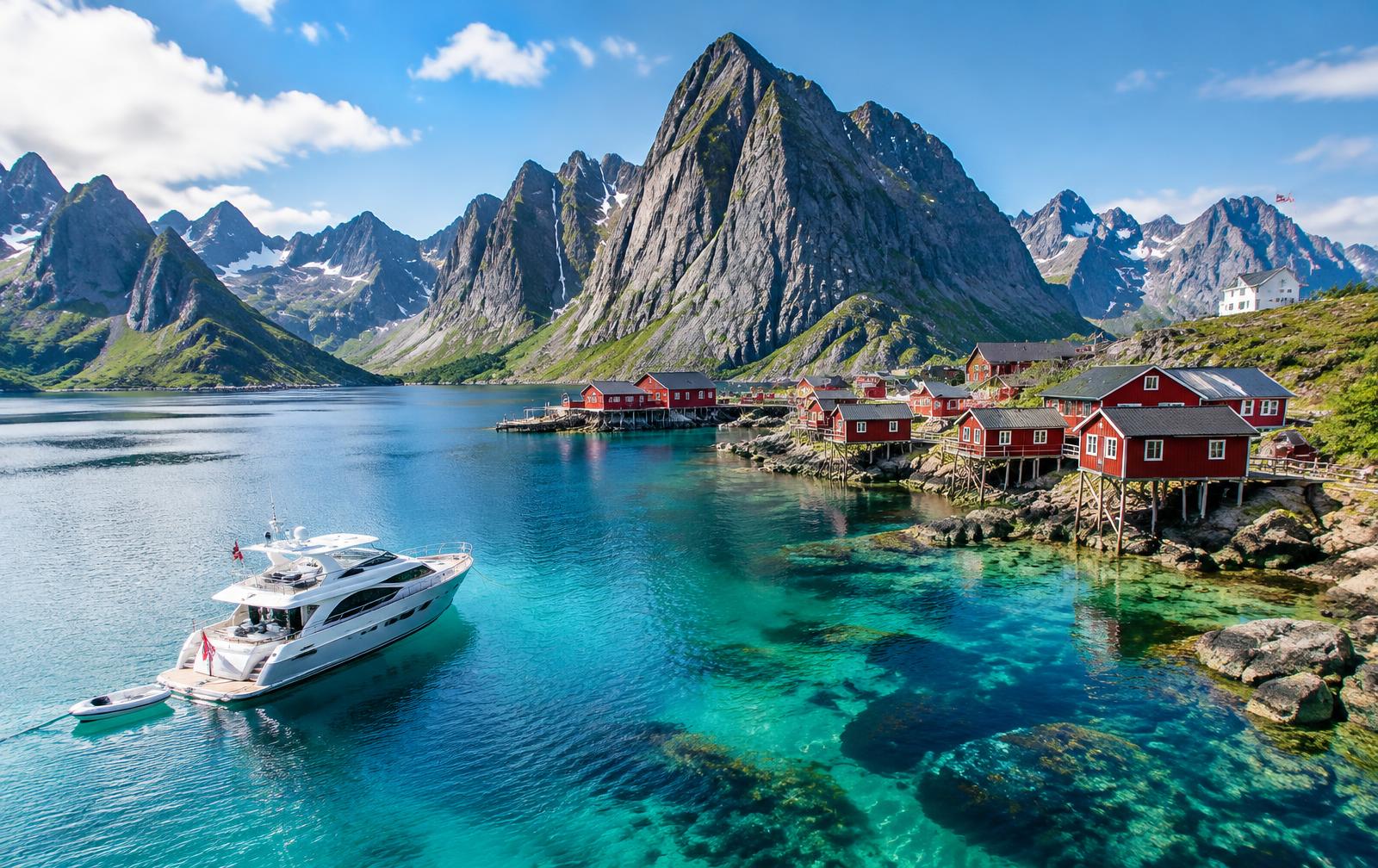 Lofoten coastline with a yacht — illustrative image